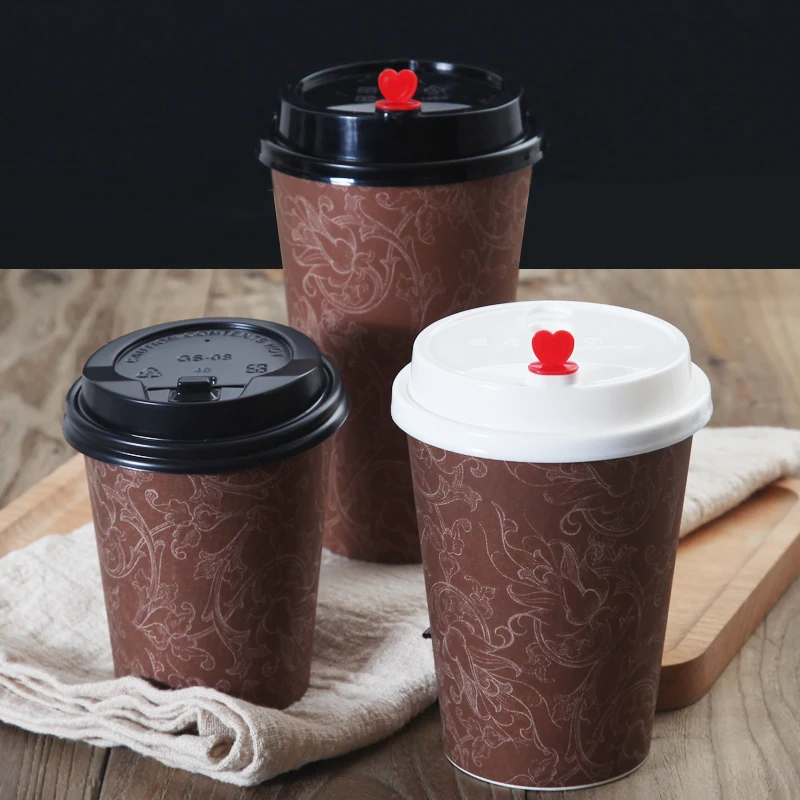 

50pcs Disposable coffee cup flower pattern thick paper cups hot drinks juice beverage packaging cups takeaway packages with lids