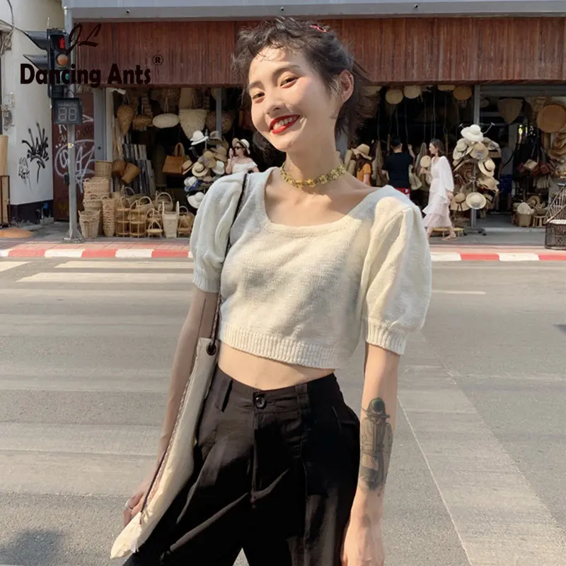 

Woman T-Shirts Knitted Square Collar Short Sleeve Elastic Waist Tops Korean Edition Slim TShirt 2020 Summer Female Solid Tee