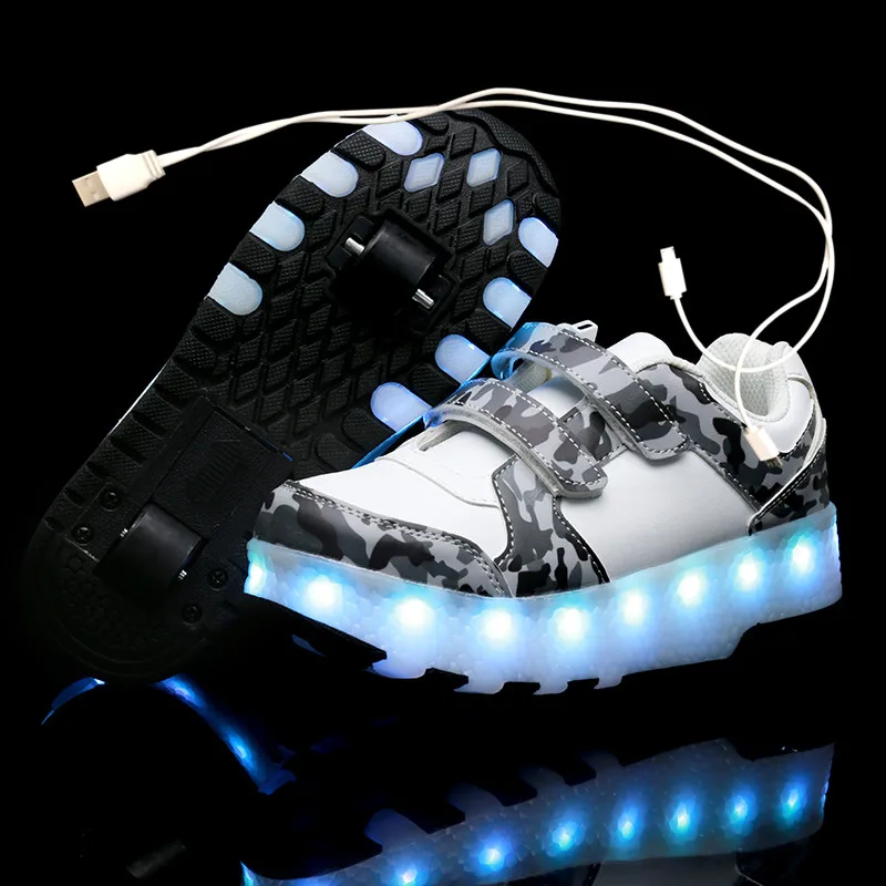 Children One Two With Black Wheels Luminous Glowing Sneakers Led Light Roller Skate Shoes Kids Boys Girls USB Charging | Детская одежда