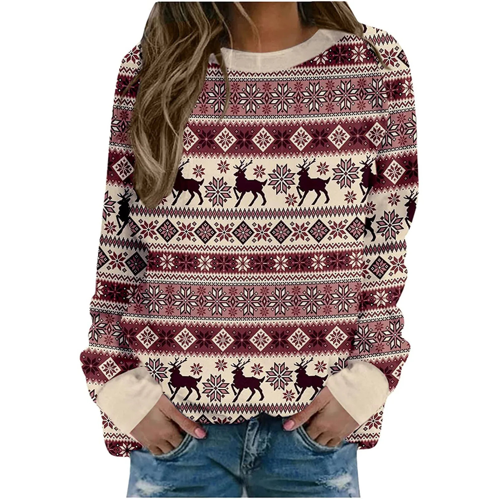 Fashion Women  Casual Loose Long Sleeve T-Shirts Autumn Christmas Print Party Round Neck Crop Tops Streetwear Casual Tee 1