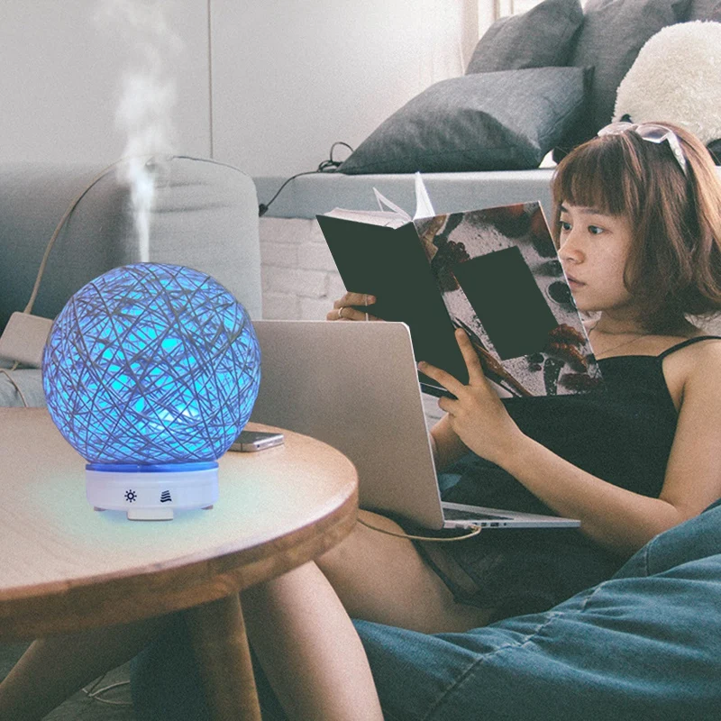 Creative Handmade Rattan Ball Ultrasonic Aromatherapy Machine Air Humidifier with LED Night Light Timing Spray Function EU Plug