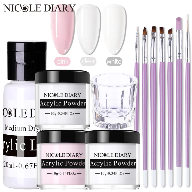 NICOLE DIARY Nail Acrylic Powder and Liquid Set Nails Art Decoration Crystal Manicures Kits Building Glitter 3D Tips | Красота и