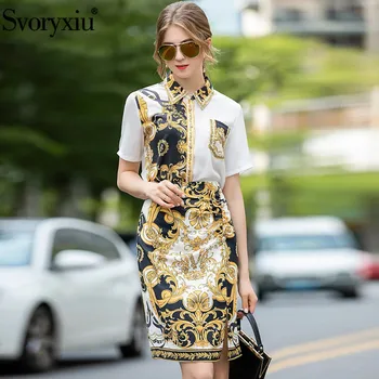 

Svoryxiu 2020 Runway Designer Summer Skirt Suit Women's Short Sleeve Print Blouse + Skirt Fashion Office Lady Two Piece Set