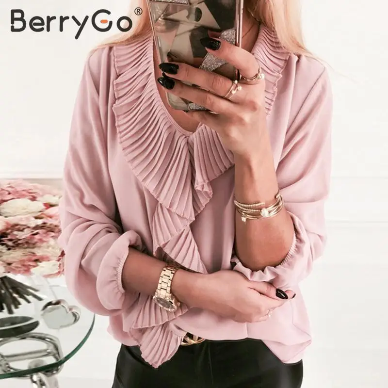 BerryGo Элегантная блузка с оборками женская рубашка v-образным вырезом Офисная