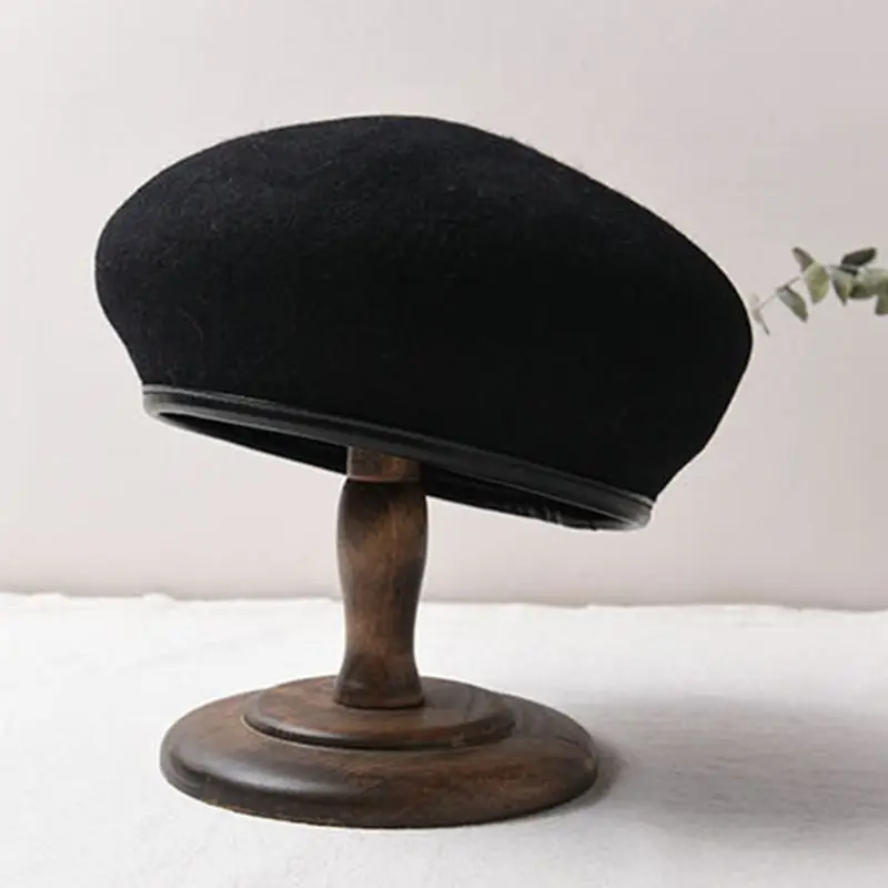Women Girl Plain Faux Felt French Beret Cap Artificial Leather Trim Military Hat 517D