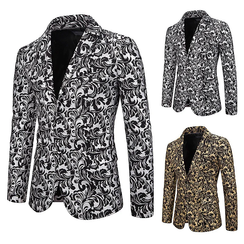 

Suit Slim Fit Men Large Decorative Pattern Bronzing Printed Suit Formal Dress Costume Coat X79