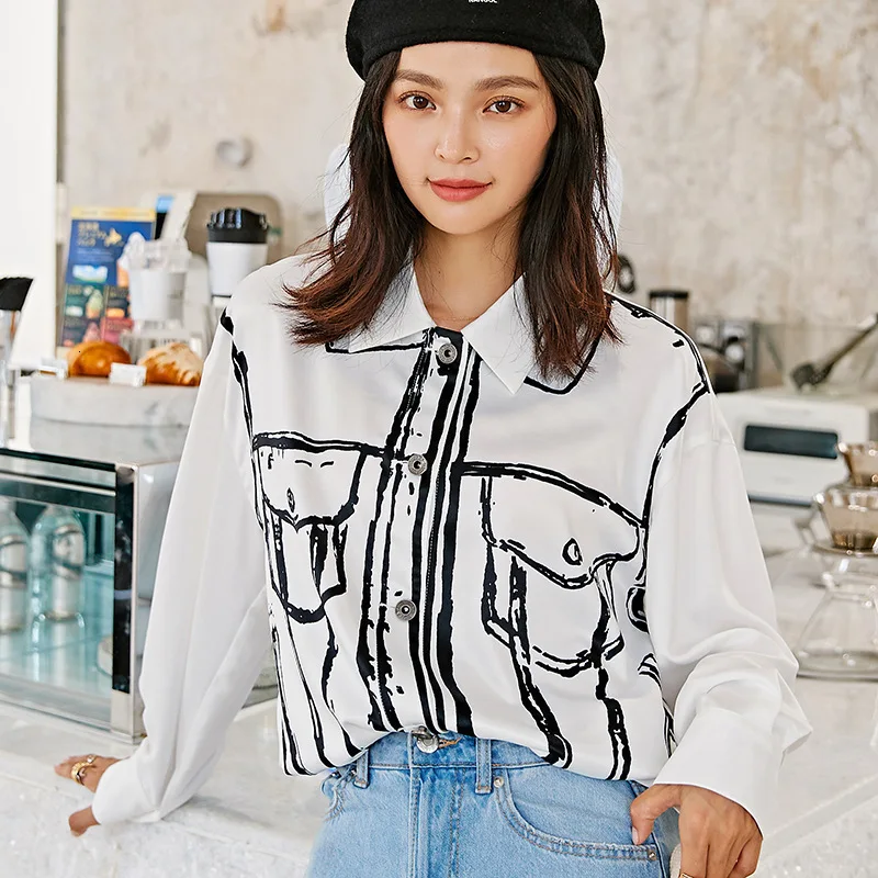 

LANMREM 2020 Long-sleeved Shirt Spring New Original Design Women's Casual Print Lapel Single-breasted Shirt 19B-a615
