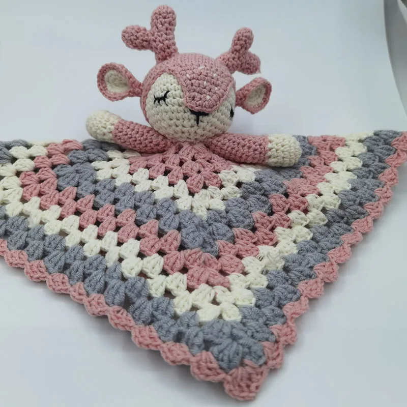 Crochet Elk Deer  Rabbite Toy Set Comfort towel Baby Rattle Biting Ring Handmade Baby Teething Ring Stuffed Plush Toys Gifts 2