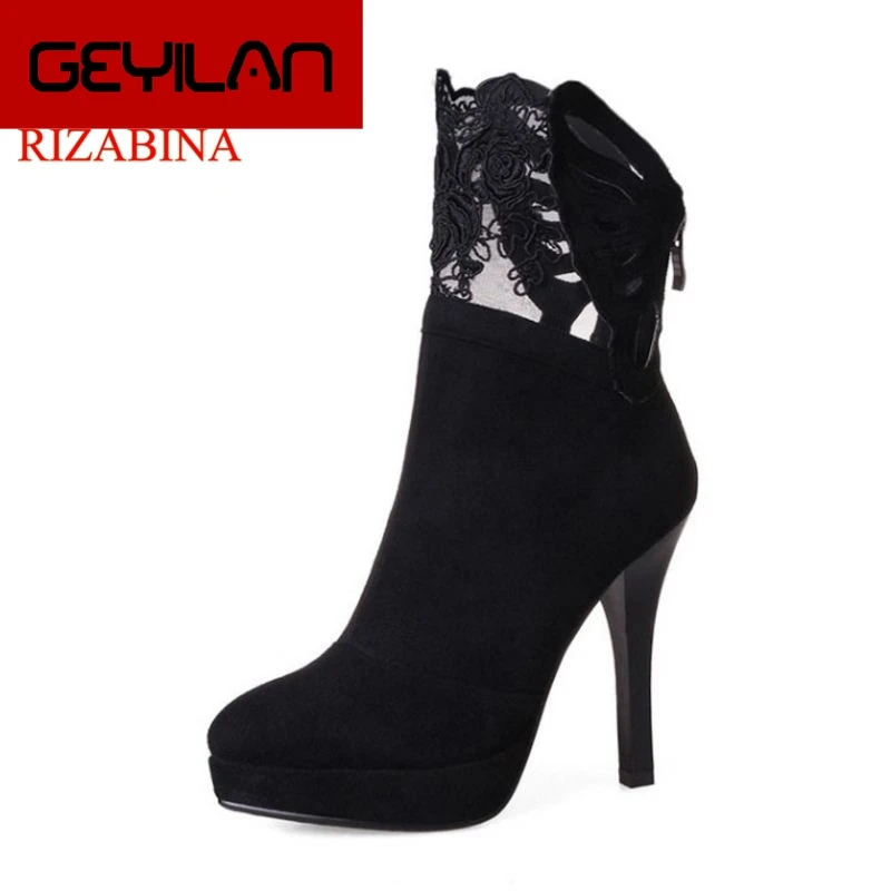 

Size 33-43 Women High Heel Boots Pointed Toe Lace Zipper Mid Calf Women Winter Shoes Sexy Mature Women Footwear