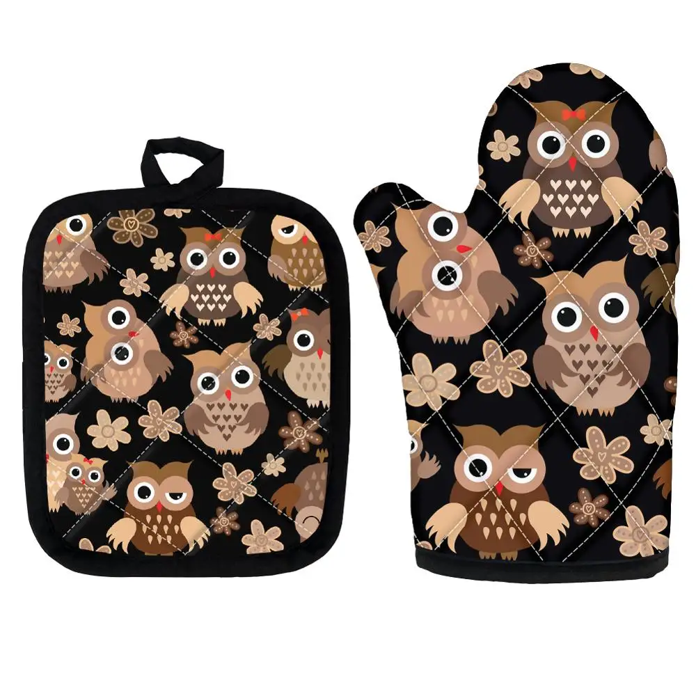 

Heat Resistant Oven Gloves Cute Owl Pattern 2ps/Set Flexible Cooking Oven Mitts for Microwave Baking Potholders Guantes Horno