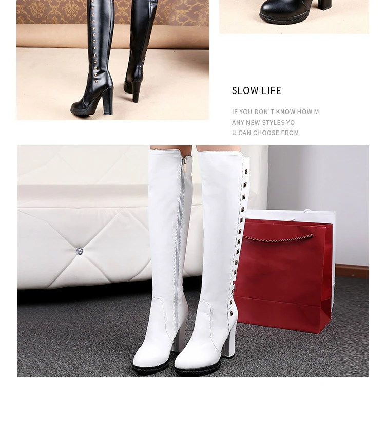 ANMAIRON/женские зимние Модные непромокаемые сапоги до колена; модель года; женские кожаные сапоги; белые сапоги на квадратном каблуке; однотонные зимние сапоги на молнии