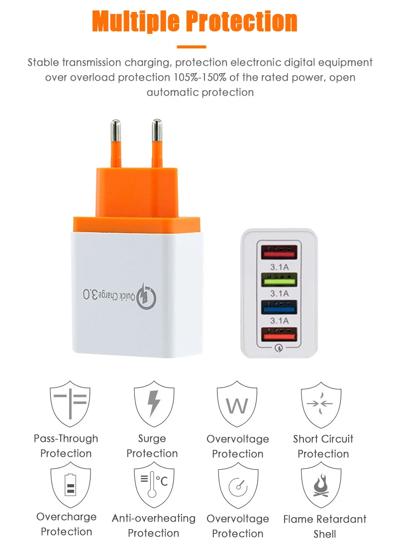 

5V3A 4USB Mobile Phone Charger Multi-port Travel Charger 4U Intelligent Charging Head Auto Charging