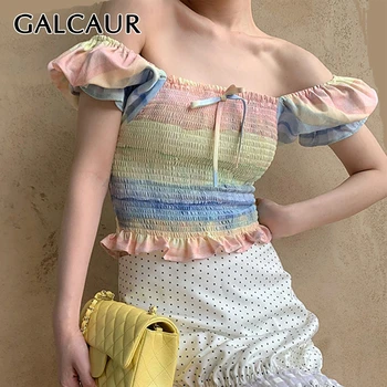 

GALCAUR Korean Striped Hit Color Shirt For Women Slash Neck Puff Sleeve Oversize Slim Chic Style Blouse Female 2020 Fashion New