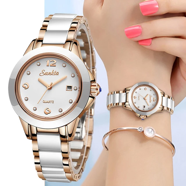 

2019 SUNKTA Ceramic Rose Gold Watch Women Quartz Watch Top for Woman Luxury Brand Elegant Dress Ladies Watches Zegarek Damski