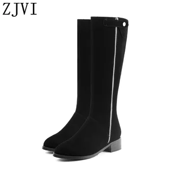 

Ladies 4cm square heels winter knee high boots woman suede genuine leather 2020 women black nubuck shoes thigh high for girls