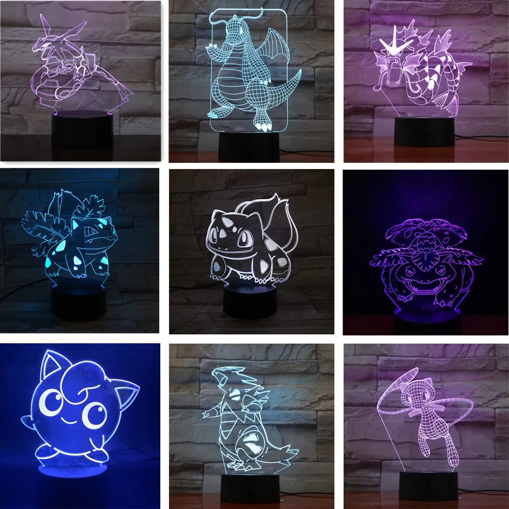 Pokemon Rayquaza Bulbasaur 3D Night Lights Pocket Monster Lighting Anime Lamp Jigglypuff Mew Tyranitar Dragonite Led Cute Gift