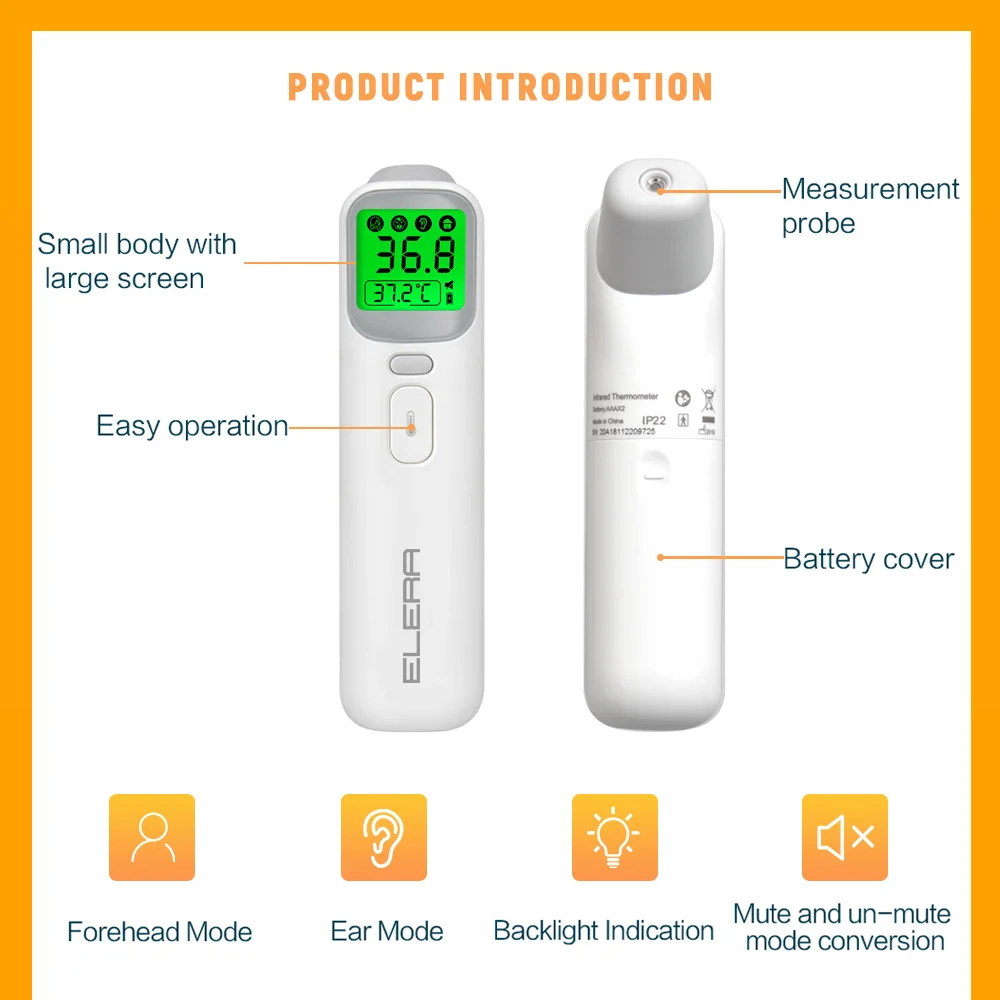 5 Set Pcs ELERA Digital Thermometer Forehead Ear Non-Contact Body Termometro Infrared LCD Adult Body Fever Children Thermometer
