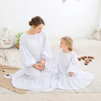 

Mom and Daughter Nightdress Bubble Long Sleeve Girls Parent-Child Dress Long Loose Korean Cotton Dress Pajamas Family Matching