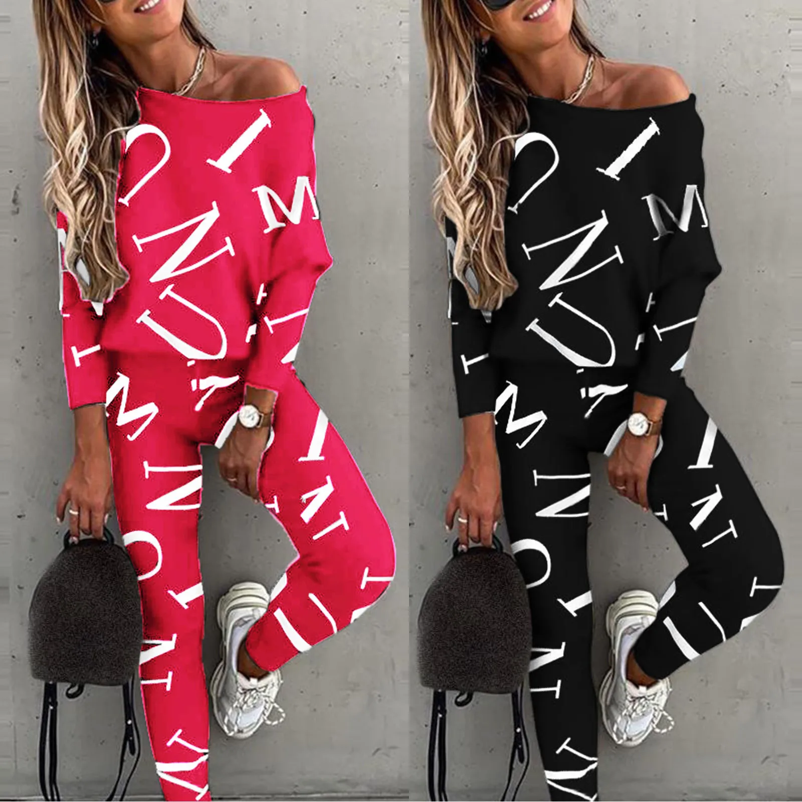 Sporty Retro Letter Print Slim Two Piece Set