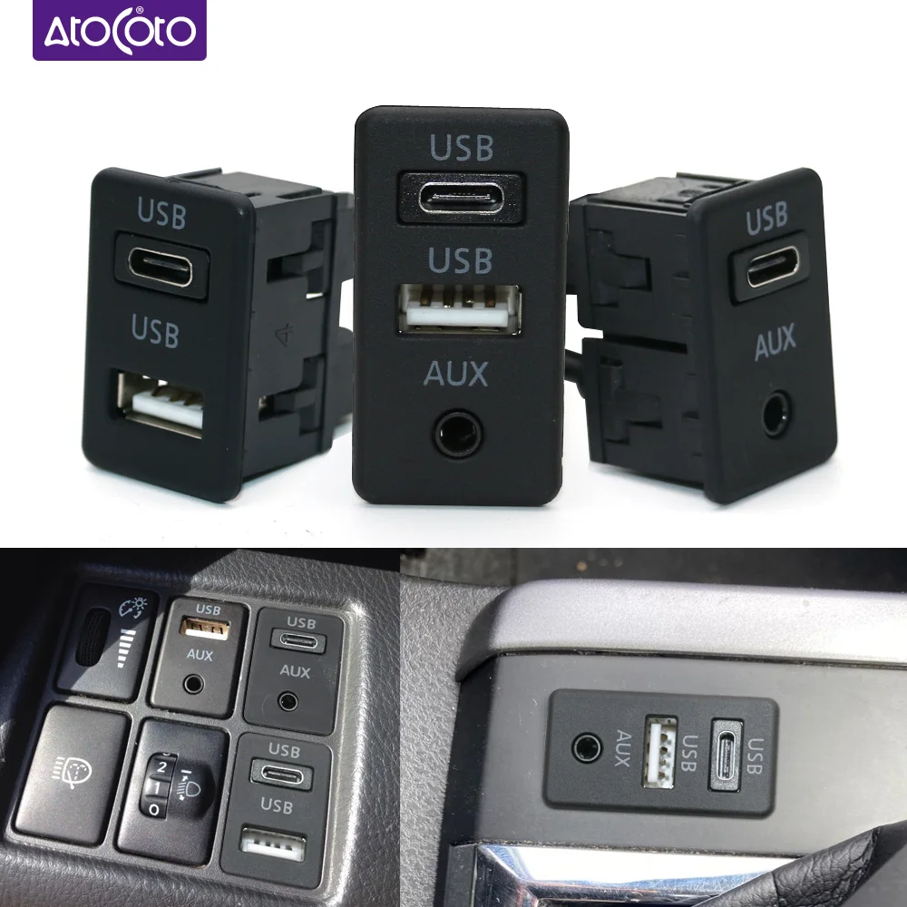 Car Dash Flush Mount Usb Type C Port Panel Auto Boat 3.5mm Aux Interface Extension 145cm Cable