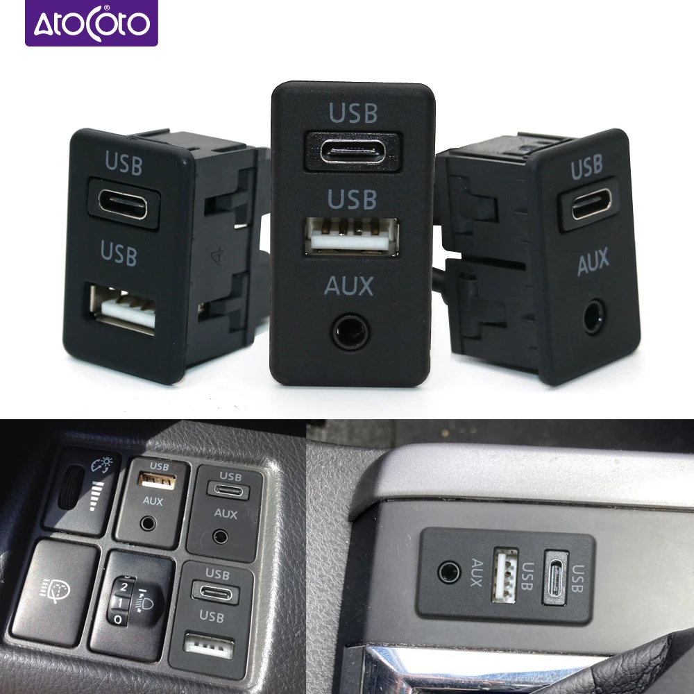 Car Dash Flush Mount Usb Type C Port Panel Auto Boat 3.5mm Aux