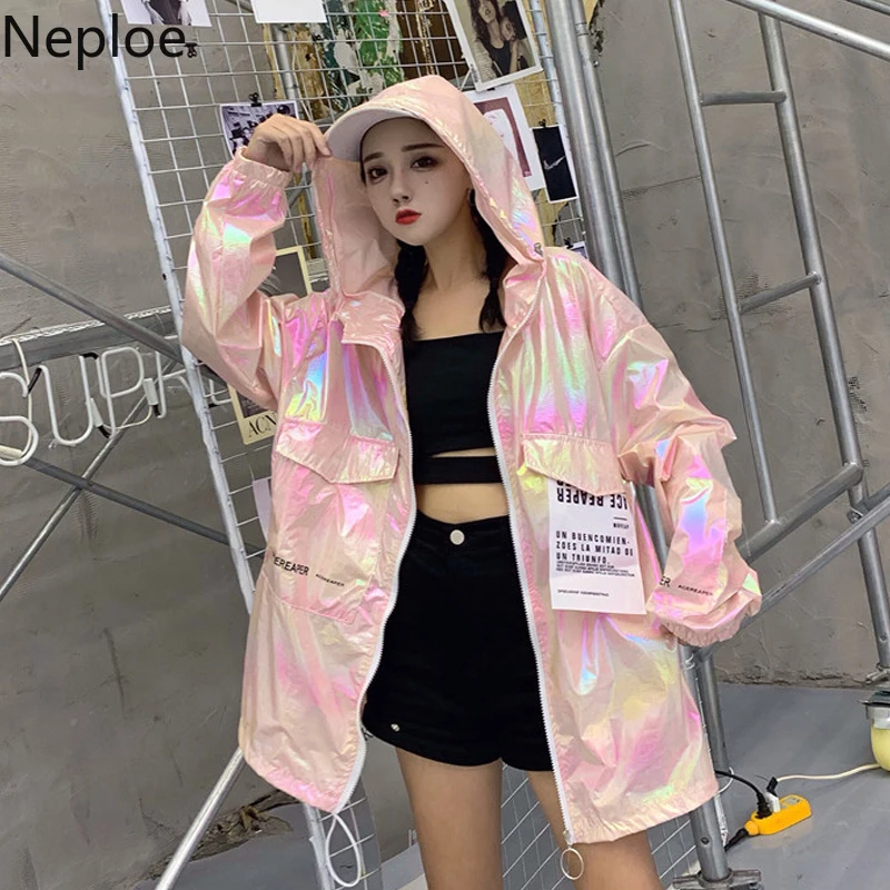 Neploe/куртка-бомбер с капюшоном для женщин Harajuku Свободные Серебристые весенние тонкие куртки хип-хоп негабаритное пальто с длинными рукавами уличная 90412