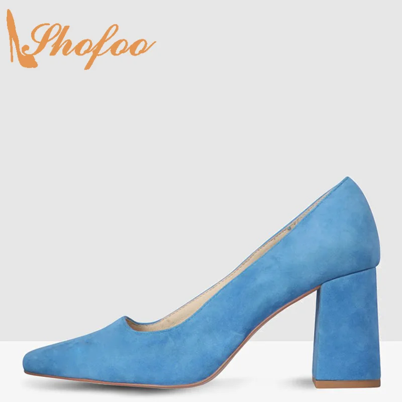 

Shofoo Blue Suede Basic Casual Woman's Pumps Pointed Toe High Square Heels Mature Fashion Office Ladies Shoes Large Size 41 42