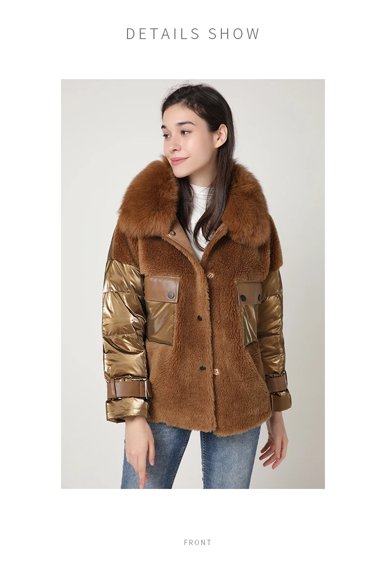 PTSLAN Women's Real Wool Fur Jacket Duck Down Coat Hooded New fashion