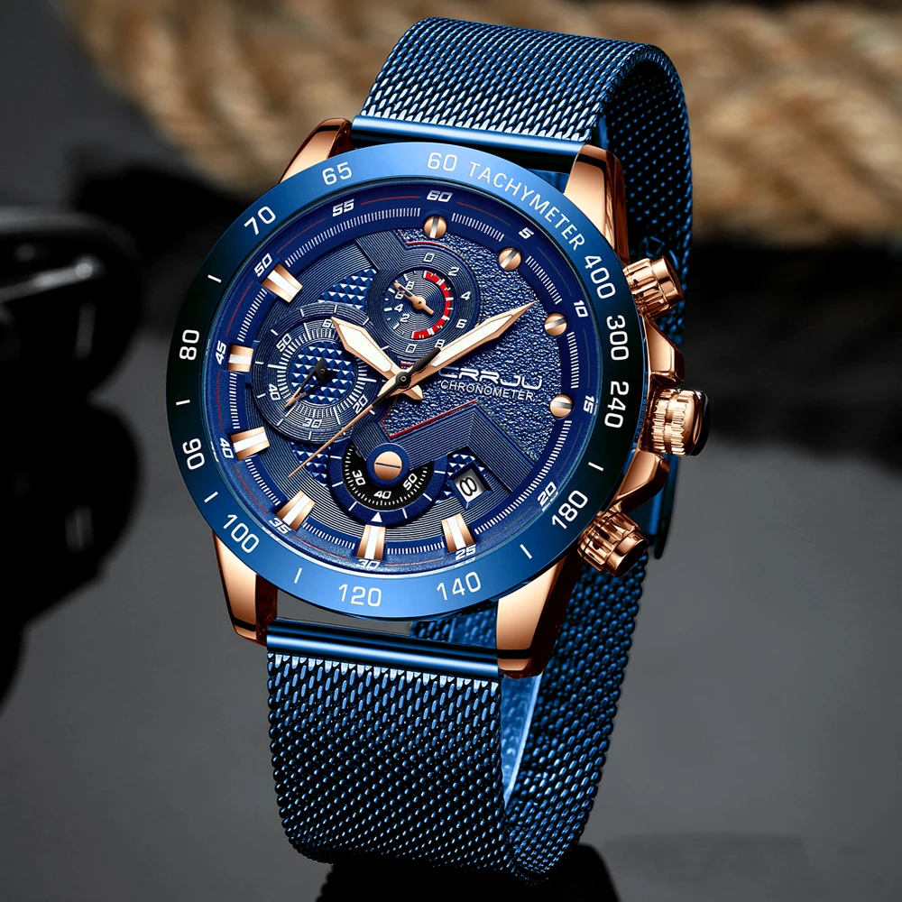 CRRJU, модные мужские часы, Роскошные наручные часы, кварцевые часы, синие часы, мужские водонепроницаемые спортивные часы с хронографом, Relogio Masculino