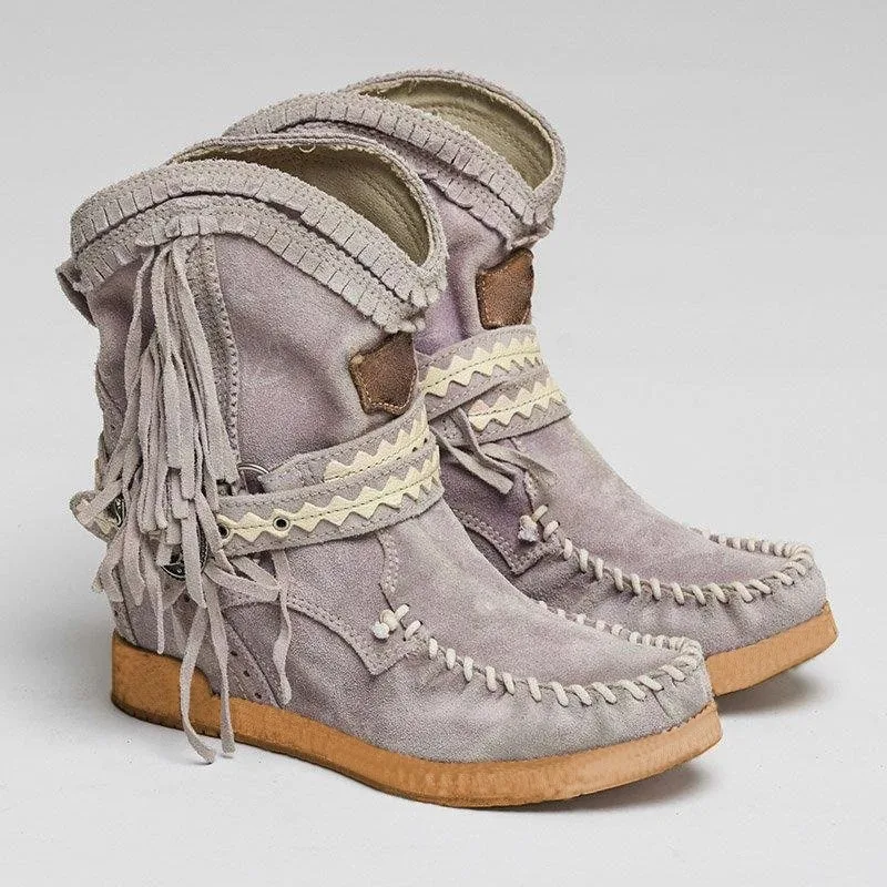 CYSINCOS Women Short Boots Tassels Round Toe Buckle Strap Boots Ethnic Style Warm Non-slip Shoe For Ladies Botas Mujer - Цвет: Color 4