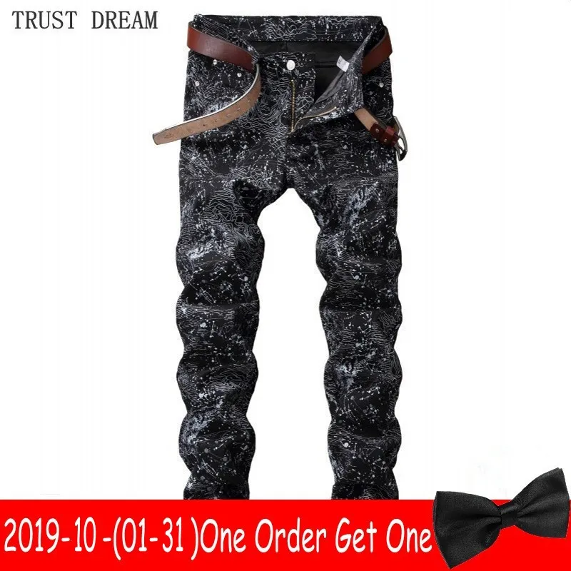 Paris Designed Man Black Jeans Floral Printed Stretch Men Slim Fantasy Fit Elastic Pant Casual Streetwear Punk Hip Hop Pants