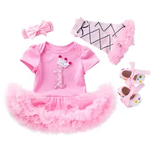 

Baby Girl Newborn 1st Birthday Tutu Onesie Outfit Princess Dress 4PCS Bodysuit+Shoes+Socks+Headband Christmas Baby Dress