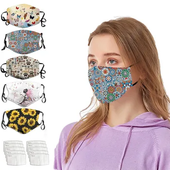 

5PCS Unisex Mouth Mask PM2.5 Breathable Print Dustproof Protection Mask Washable Reusable Face Mask + 10PCS Activated Filter Pad