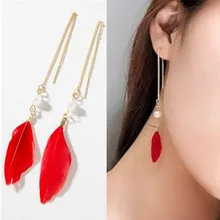 

Korean Personality Earrings Fashion Sweet Pearl Tassel Red Feather Long Ear Line Earrings Earrings Jewelry