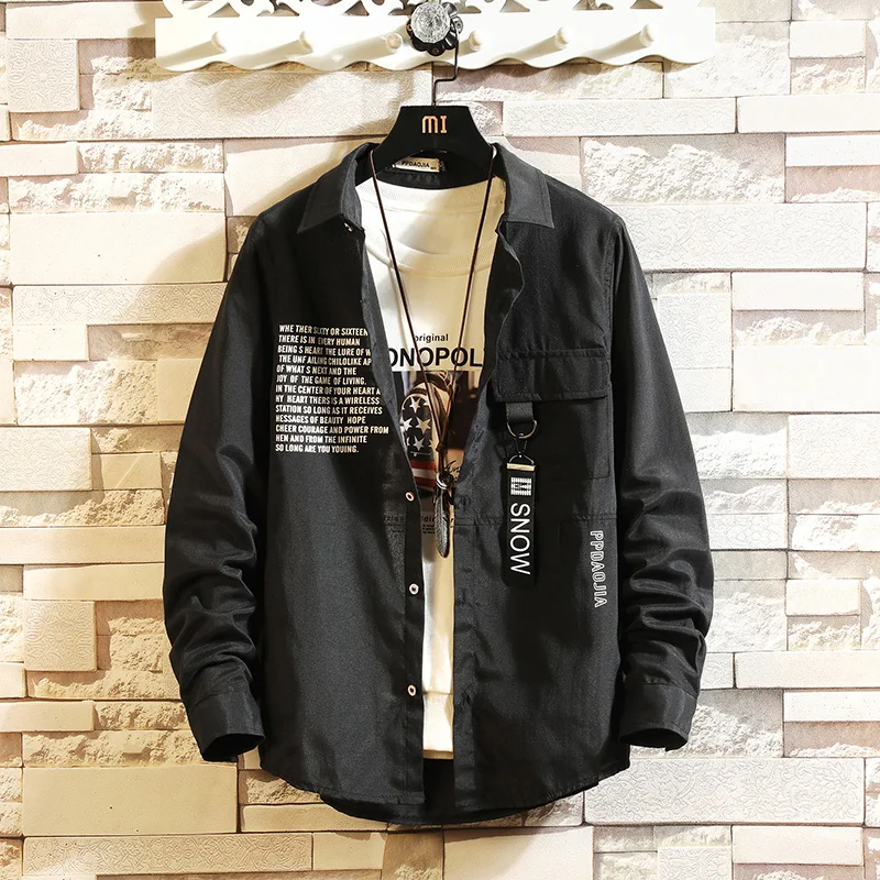 

Men Shirt thin 2019 New Arrival Spring And Autumn Letter Long Sleeve Male Shirt Teenage Boy Korean Style 5XL Black White S03