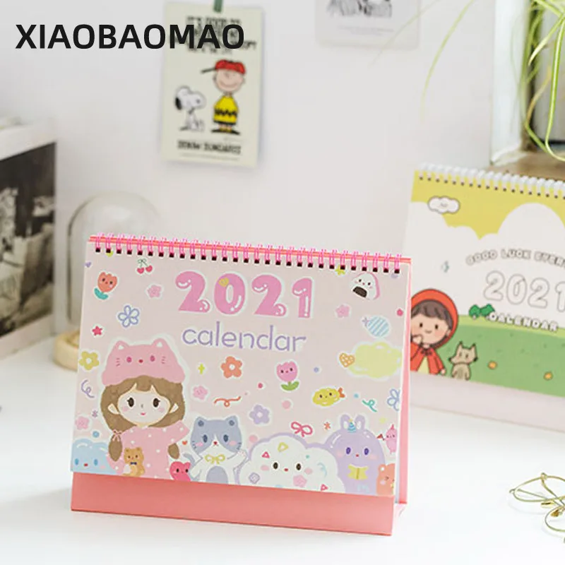 

2021 Cartoon Girl Calendar INS Style Cherry Blossom Desk Calendars Daily Schedule Planner
