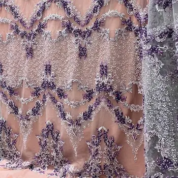 

2020 Best Price Purple Handmade Crystal Beaded Lace Fabric For Nigerian Lady Dress Trim With Sequin French Embroidery Mesh Tulle
