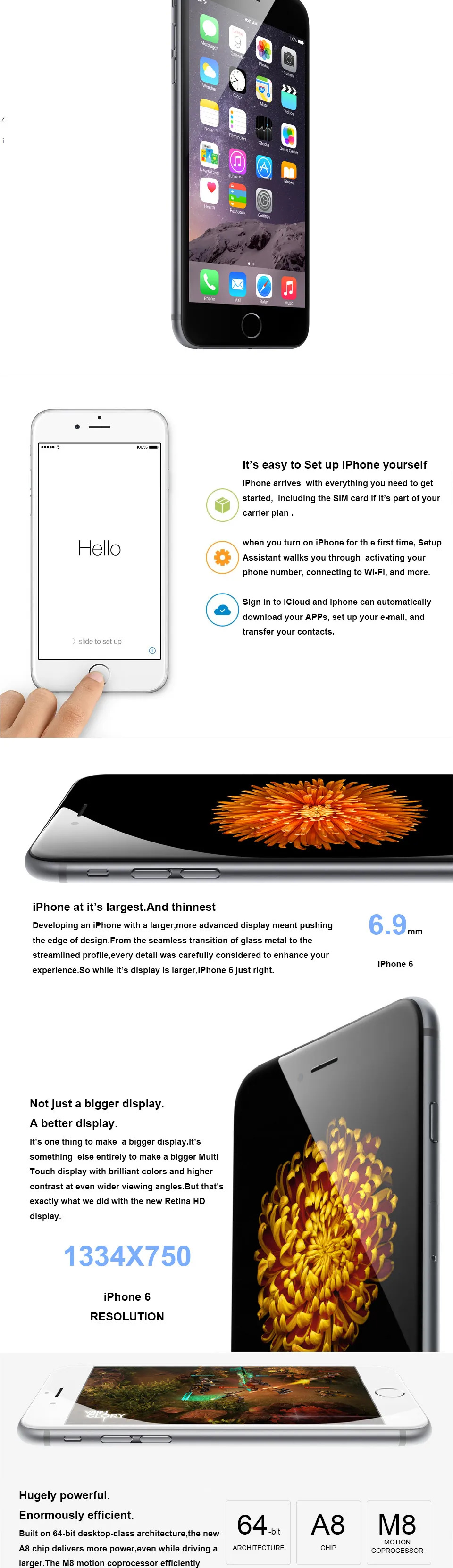 Apple iPhone 6 4G LTE 4," 1 ГБ ОЗУ 16 Гб/64 Гб/128 Гб ПЗУ iOS 8.0MP двухъядерный wifi разблокированный мобильный телефон