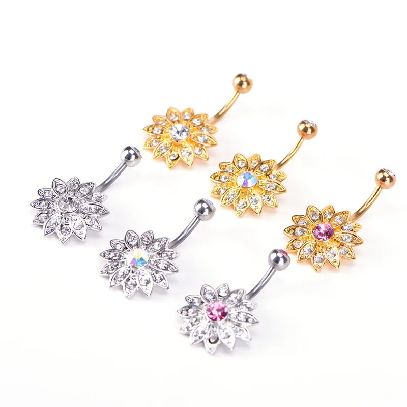 Личность Кристалл пирсинг ювелирные изделия Цветочные Стразы опал пупка кольцо ювелирные изделия цветок