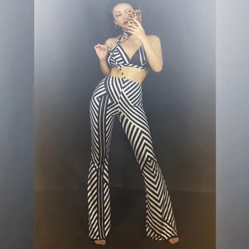 

2020 Nightclub Dance Stage Black And White Striped Bra Set Birthday Celebrate Prom Party Outfit Female Singer Show Clothes Set
