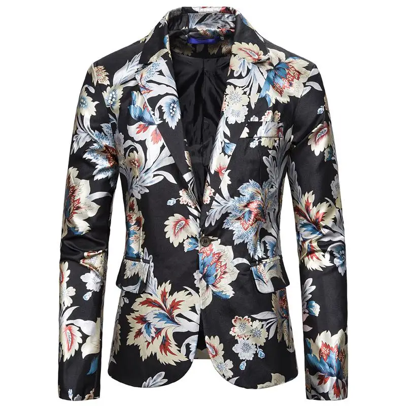 Пиджак с цветочным принтом для мужчин, мужской костюм, блейзеры, куртки Traje Hombre, мужской повседневный Блейзер, большой и высокий размер XXL - Цвет: Black Florwer Blazer