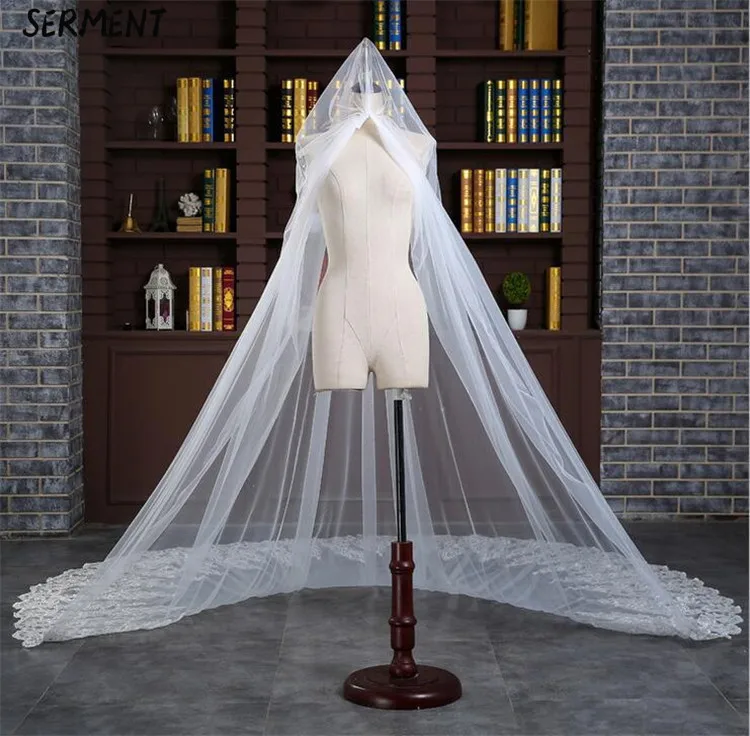 OLLYMURS Wedding Long Veil Cathedral Veil Two-Layer Plain Dyed 300cm Cut Edge Lace Double-layer Wedding Accessories