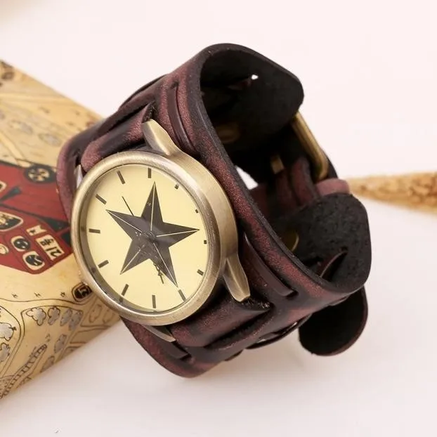 Mens Watches Casual Style Retro Punk Rock Brown Big Wide Leather Bracelet Cuff Men Watch Cool reloj hombre часы женские панк