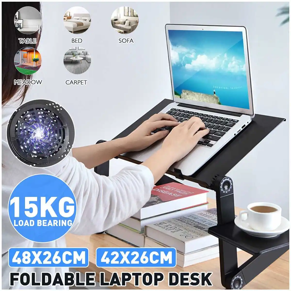 Aluminum Laptop Folding Table Computer Desk Stand for Bed 360 Degree Rotation MultiFunctional Portable Table 54*27*4.6cm