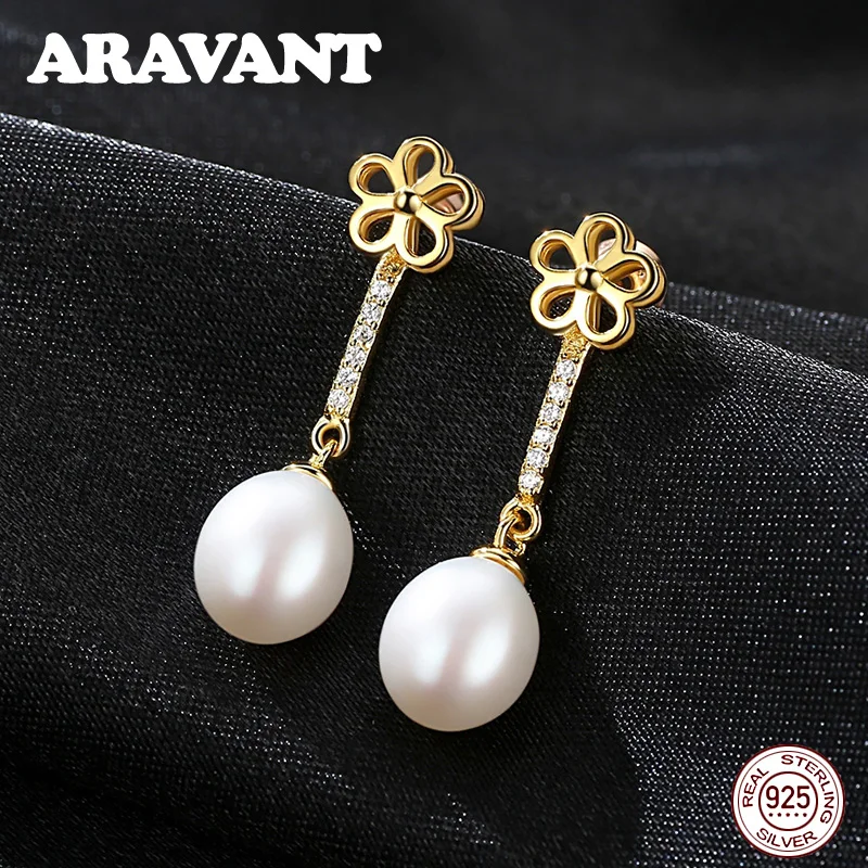 

100% 925 Sterling Silver Pave Cubic Zirconia Gold Color Flower Pearl Long Drop Earrings For Women Fashion Party Wedding Jewelry