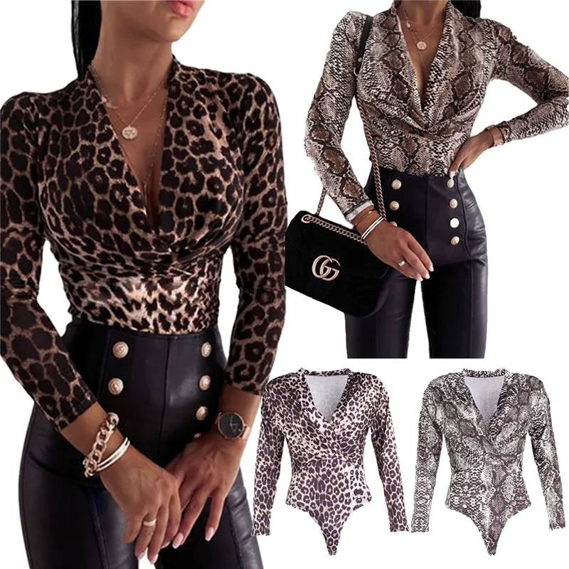 Monos bodis estampados de leopardo para mujer, ropa Sexy de piel de serpiente con cuello de pico y manga larga, entallados, para oficina, Top informal a la moda