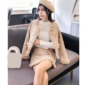 

2019 2 Piece Set Elegant Women Skirt Set Short Woolen Tweed Coat Office Ladies Mini Skirt Set