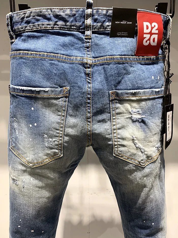 Новинка, европейский бренд dsq, мужские крутые джинсы, мужские облегающие джинсы, джинсовые брюки на молнии, синие дырявые брюки-карандаш, джинсы для мужчин 9629