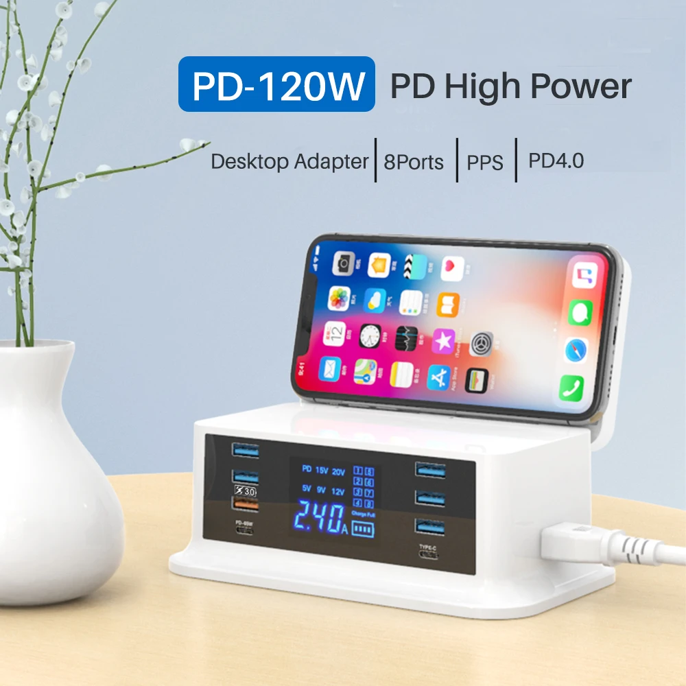 120 Вт QC 4 0 3 GaN 8 USB C зарядное устройство с двойным Type 65 PPS Быстрая Зарядка адаптер