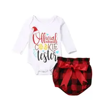 Рождественский хлопковый боди с длинными рукавами для новорожденных мальчиков и девочек, топы, шаровары в клетку с бантом, шорты комплекты из 2 предметов комплект рождественской одежды